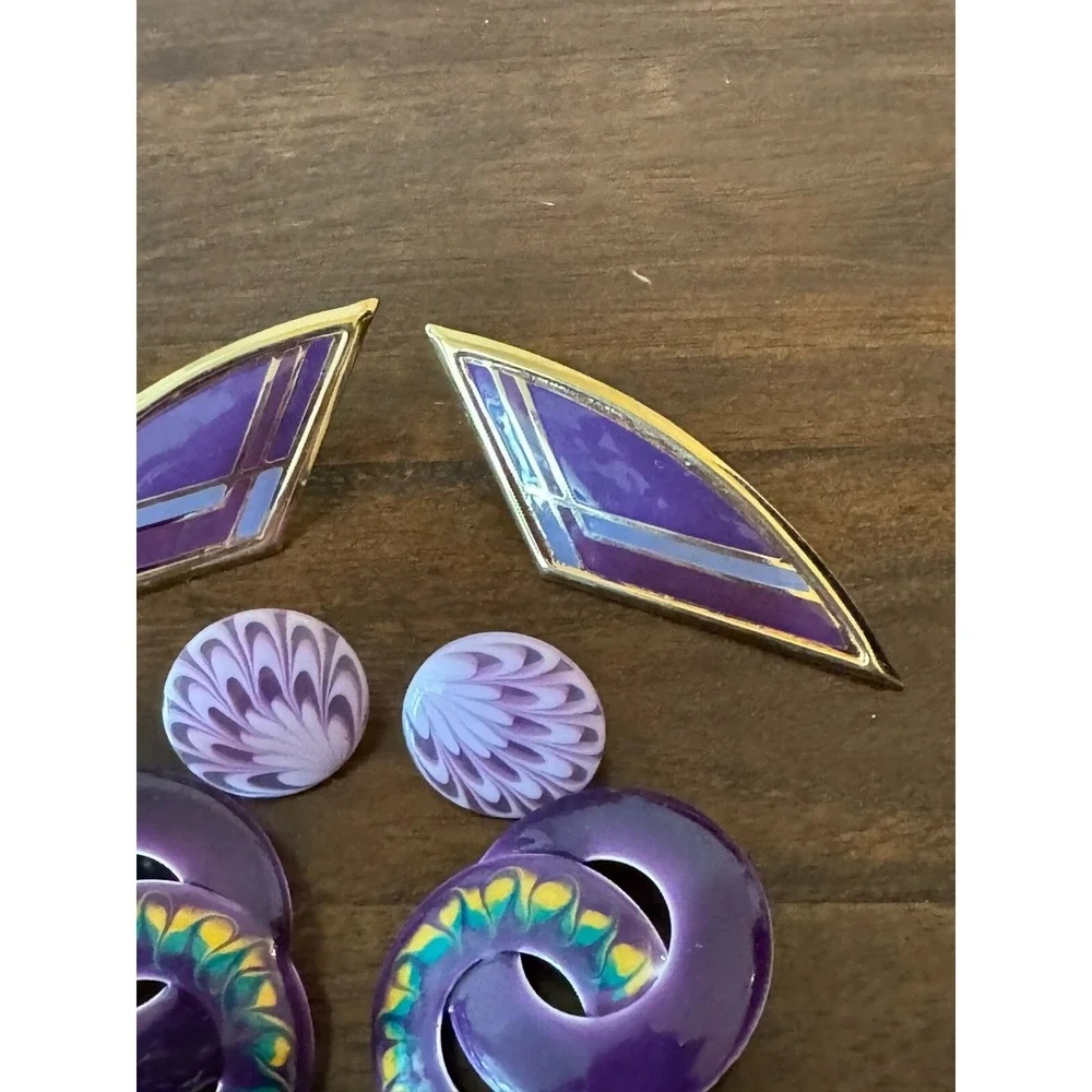 3 Pair Vintage Purple Earrings Metal and‎ Plastic Women Pierced Ears